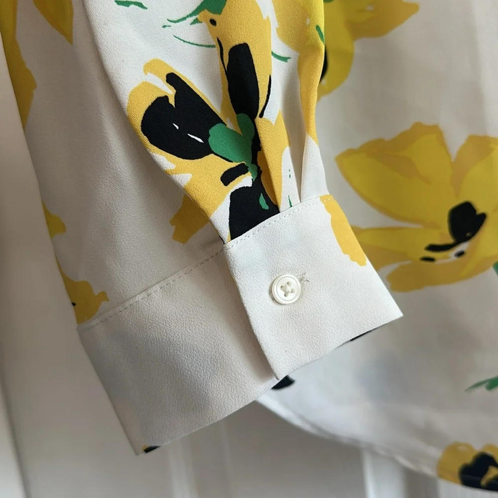 ANN TAYLOR Petite Floral Camp Shirt - Yellow Spring Size Large Tall - Picture 5 of 11